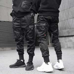 Men Ribbons Color Block Black Pocket Cargo Pants